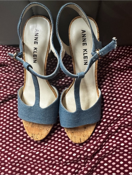 Anne Klein Shoes - Anne Klein Denim T‑Strap Cork Wedge Sandals
